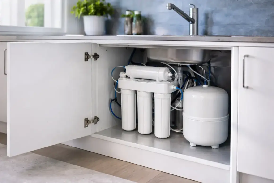 Système de filtration d'eau sous évier, avec son tuyau osmoseur et son réservoir blanc.