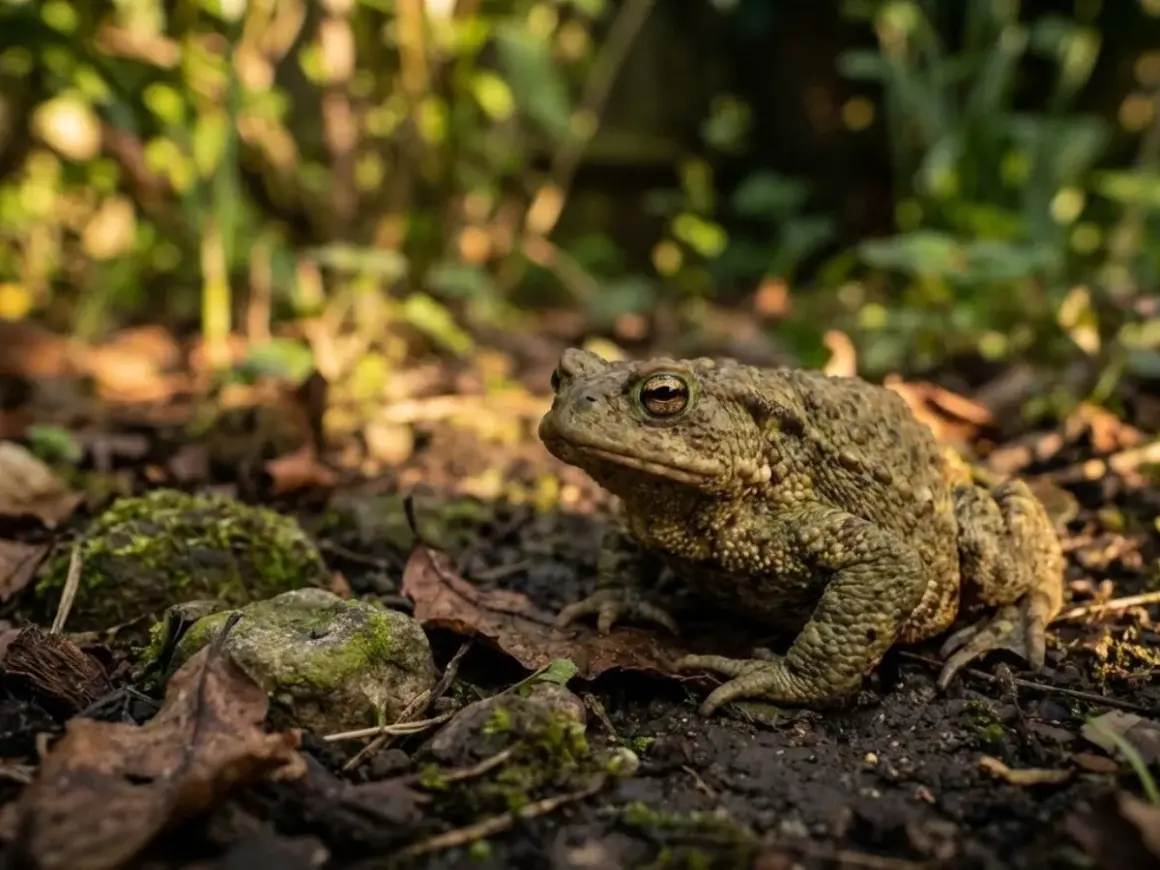 Un crapaud brun, camouflé sur le sol humide, attend patiemment. Pour savoir comment attirer un crapaud, créez un habitat humide et ombragé.