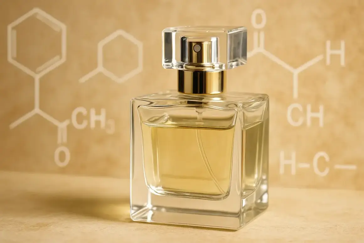 Elegancka butelka perfum na tle wzorów chemicznych, symbolizujących aldehydy w perfumach.