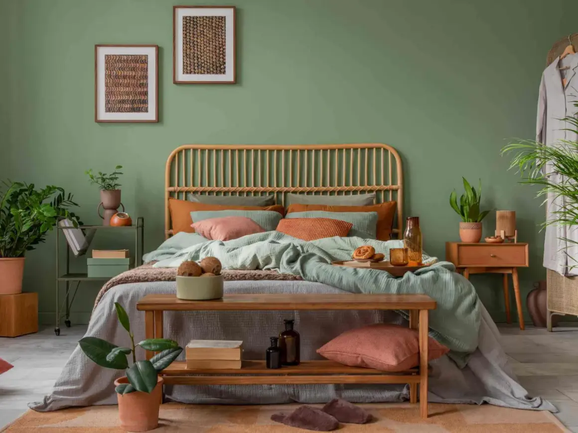Gemütliches Schlafzimmer mit Rattan-Kopfteil, mintgrüner Bettwäsche und Korallen-Akzenten. Ein Holzbett mit Kissen und Decken lädt zum Entspannen ein. Pflanzen und Bilder runden das Ambiente ab, um das Bett perfekt einzurichten.