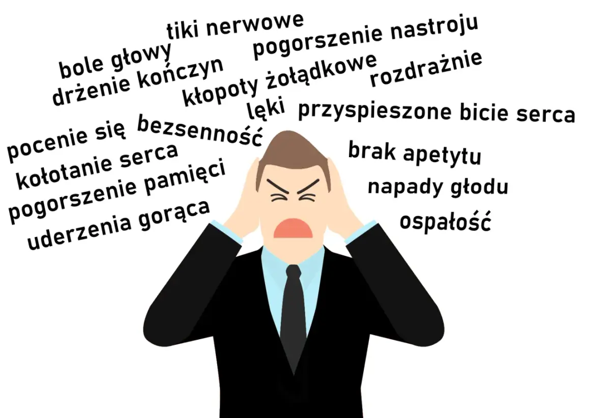 Mężczyzna w garniturze z rękami na uszach, otoczony słowami opisującymi objawy **dystresu**: bóle głowy, bezsenność, kołatanie serca, lęki.