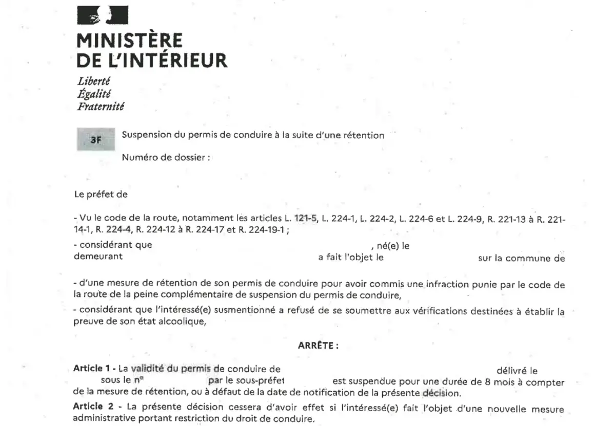 Document du Ministère de l'Intérieur concernant la suspension du permis de conduire. Il détaille les démarches pour comment récupérer son permis après une suspension de 4 mois.