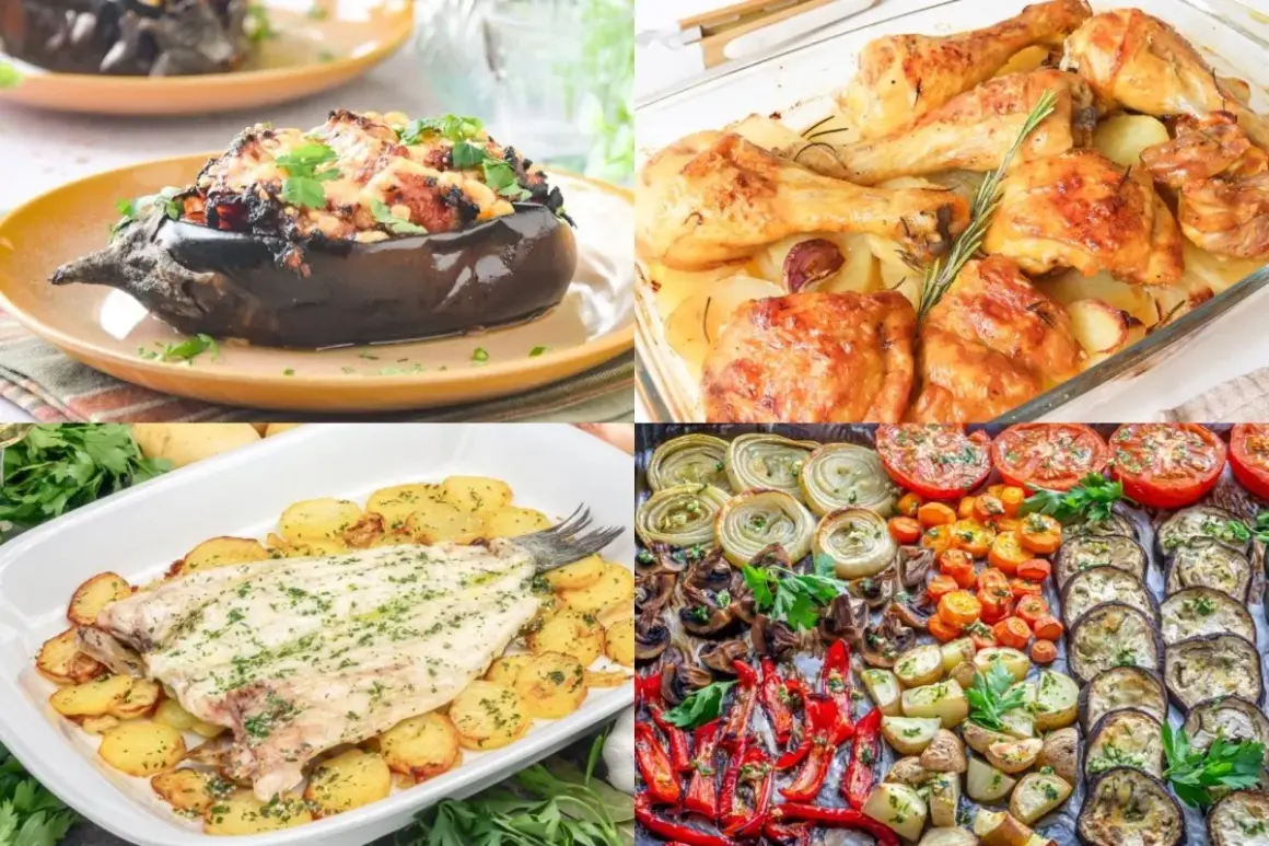 Un festín de diez recetas al horno: berenjena rellena, pollo asado con patatas, pescado con patatas y verduras variadas.