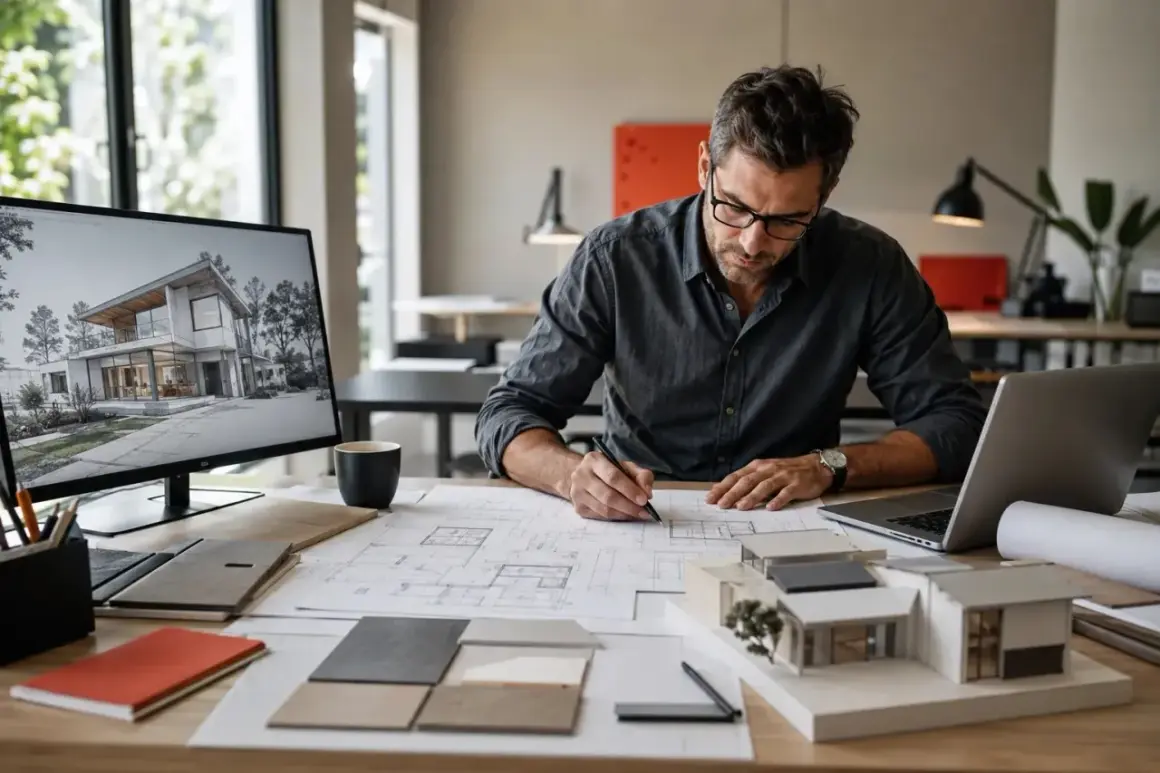 Architekt pracuje nad projektem domu, korzystając z twierdzenia Talesa do precyzyjnych obliczeń. Na biurku modele, plany i wizualizacje.
