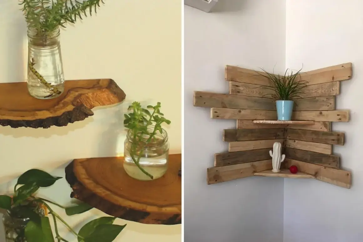 Idee mensole con pallet: mensole in legno grezzo e una composizione angolare in pallet per un tocco rustico.
