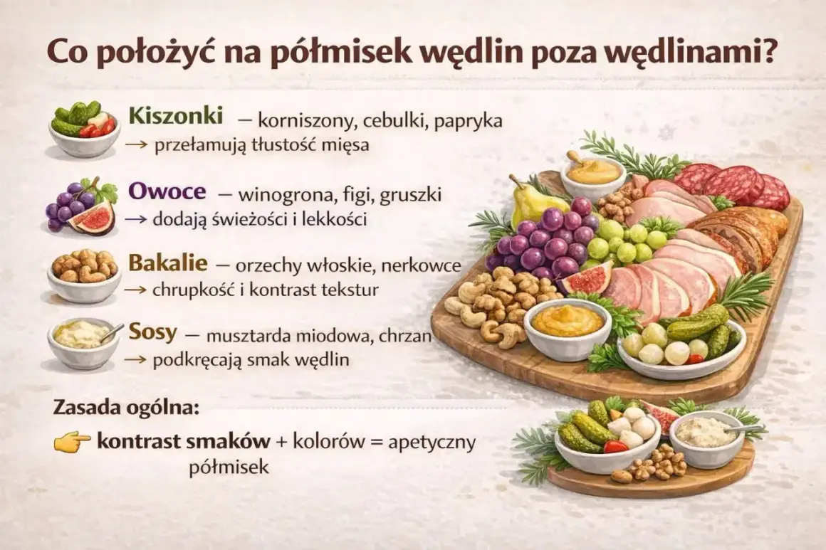 Apetyczny półmisek wędlin z owocami, bakaliami, kiszonkami i sosami. Dekoracyjne układanie wędlin na półmisku.