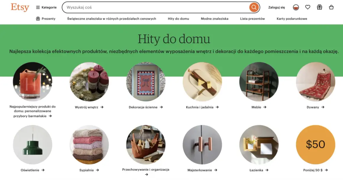 Strona główna Etsy z ofertami "Hity do domu". Czy Etsy jest bezpieczne? Tak, platforma oferuje szeroki wybór dekoracji i artykułów do domu.
