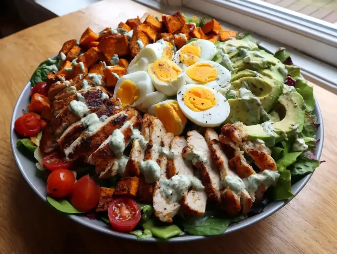 En stor, matig sallad med grillad kyckling, ägg, sötpotatis, avokado och tomater, toppad med en krämig dressing.
