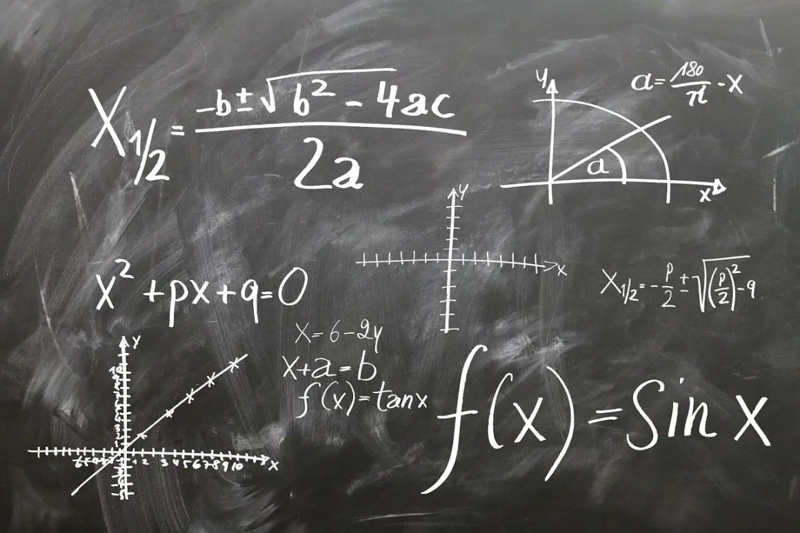 Tablica z równaniami, wykresami i wzorami matematycznymi, w tym mnożenie pierwiastków.