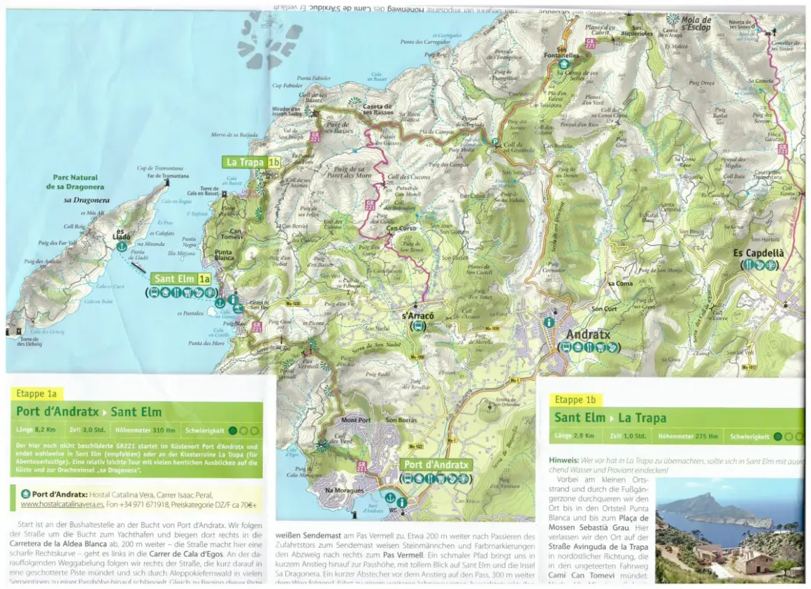 Mallorca: Wanderkarte mit Etappen Port d'Andratx - Sant Elm und Sant Elm - La Trapa. Der fernwanderweg GR221 führt durch die Serra de Tramuntana.