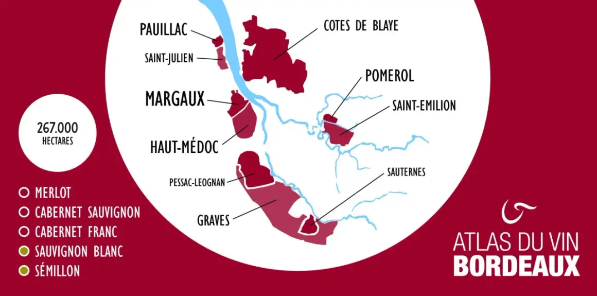 Carte des vignobles de Bordeaux, montrant les appellations célèbres pour leurs grands crus classés.
