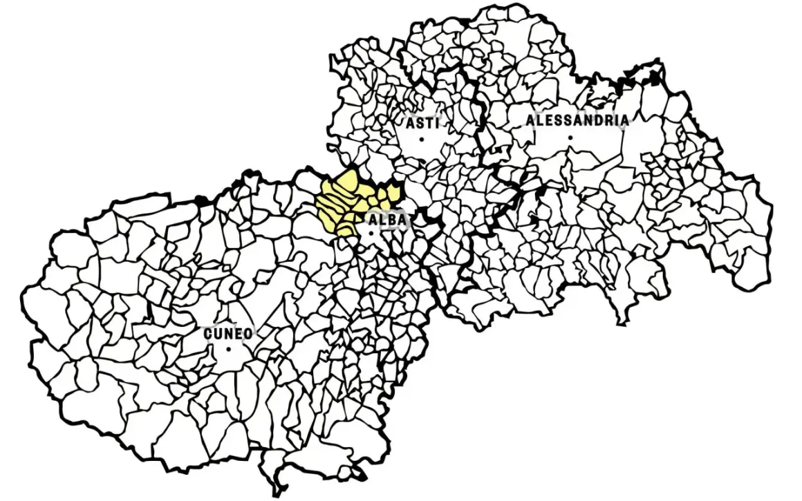 Mappa del Piemonte con evidenziata l'area del Roero Arneis DOCG, vicino ad Alba.