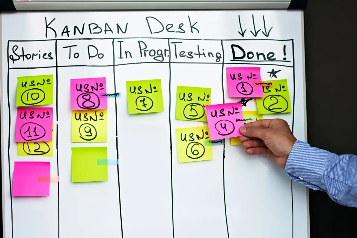 Tablica Kanban z kolorowymi karteczkami, ilustrująca zwinne metodyki zarządzania projektami. Zadania przesuwają się przez etapy: Stories, To Do, In Progress, Testing, Done.