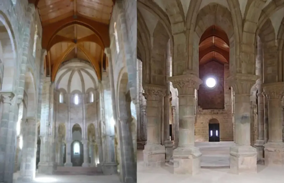 Interior del monasterio de Carboeiro, con arcos de piedra, bóvedas y un techo de madera.
