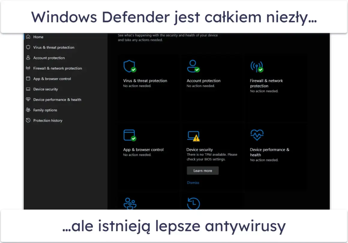 Interfejs Windows Defender pokazuje status ochrony: wirusów, kont, sieci, aplikacji i urządzenia. Wszystko działa poprawnie.