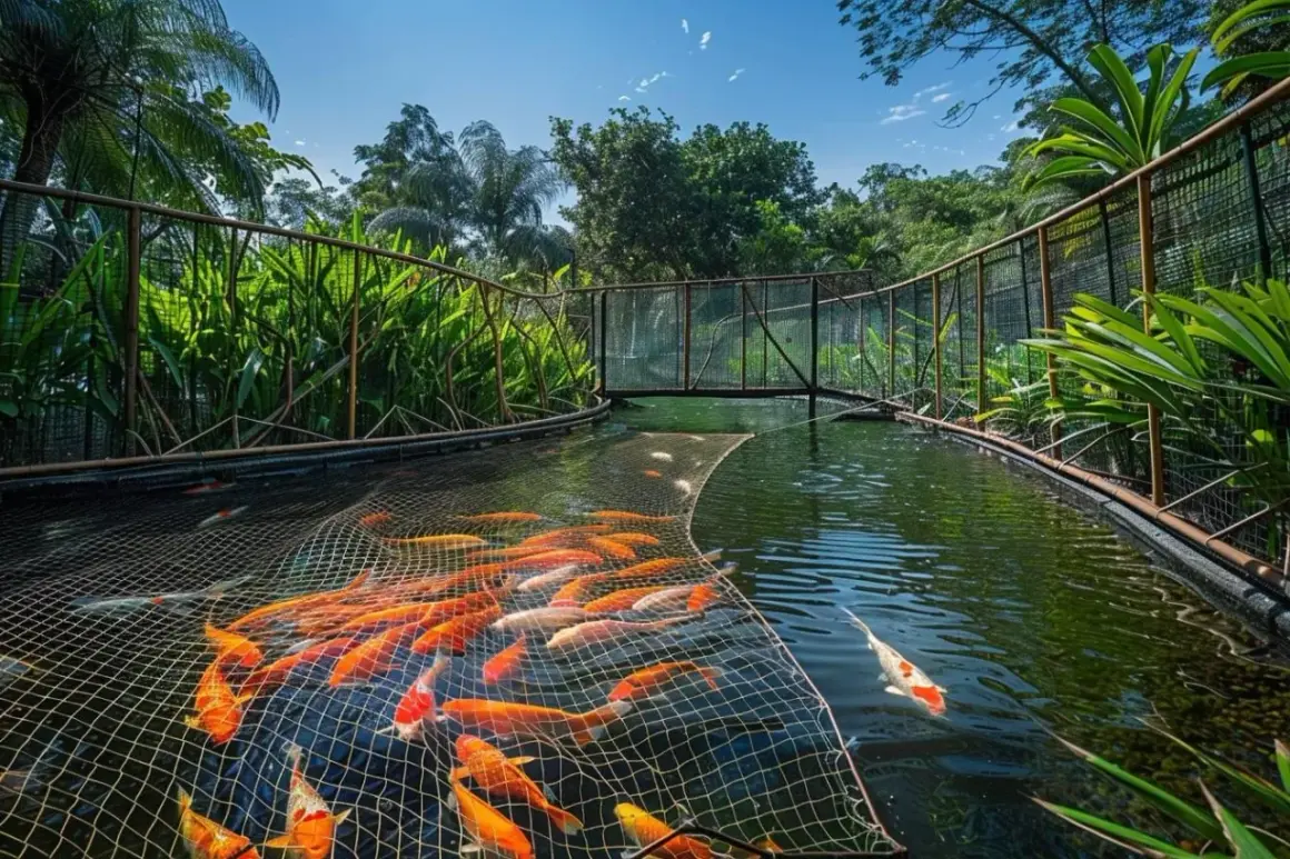 Un étang luxuriant abrite une multitude de poissons koïs colorés, certains pris dans un filet, d'autres nageant librement. Ces poissons, qui se nourrissent de poissons, évoluent dans un décor tropical verdoyant.