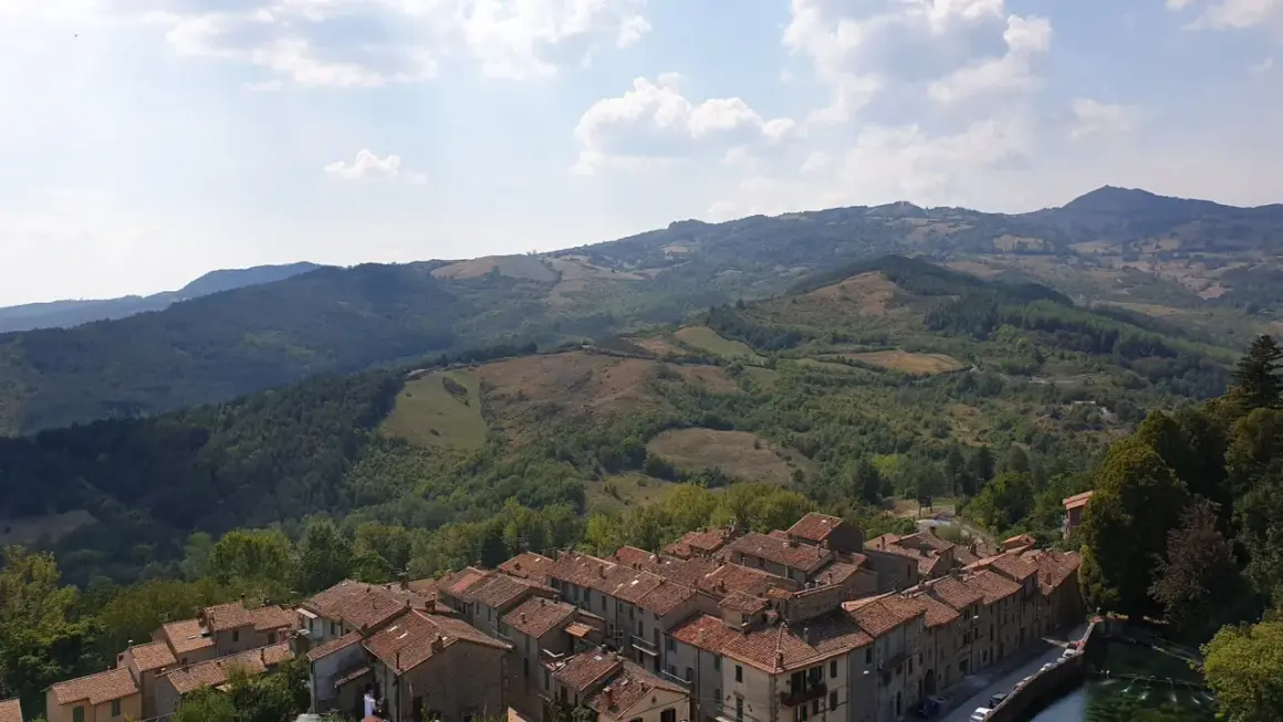 Panoramica di un borgo con tetti in cotto e colline verdi. Un assaggio di cosa vedere sul Monte Amiata, tra natura e storia.
