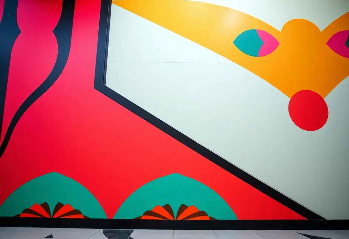 Żywe, geometryczne dzieła w stylu art déco z dominującymi czerwienią i żółcią, ozdobione czarnymi liniami i turkusowymi akcentami.