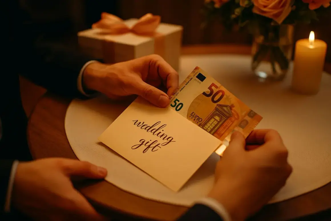 Une main insère un billet de 50 euros dans une carte "wedding gift". La question de combien donner à un mariage est au cœur de cette scène.
