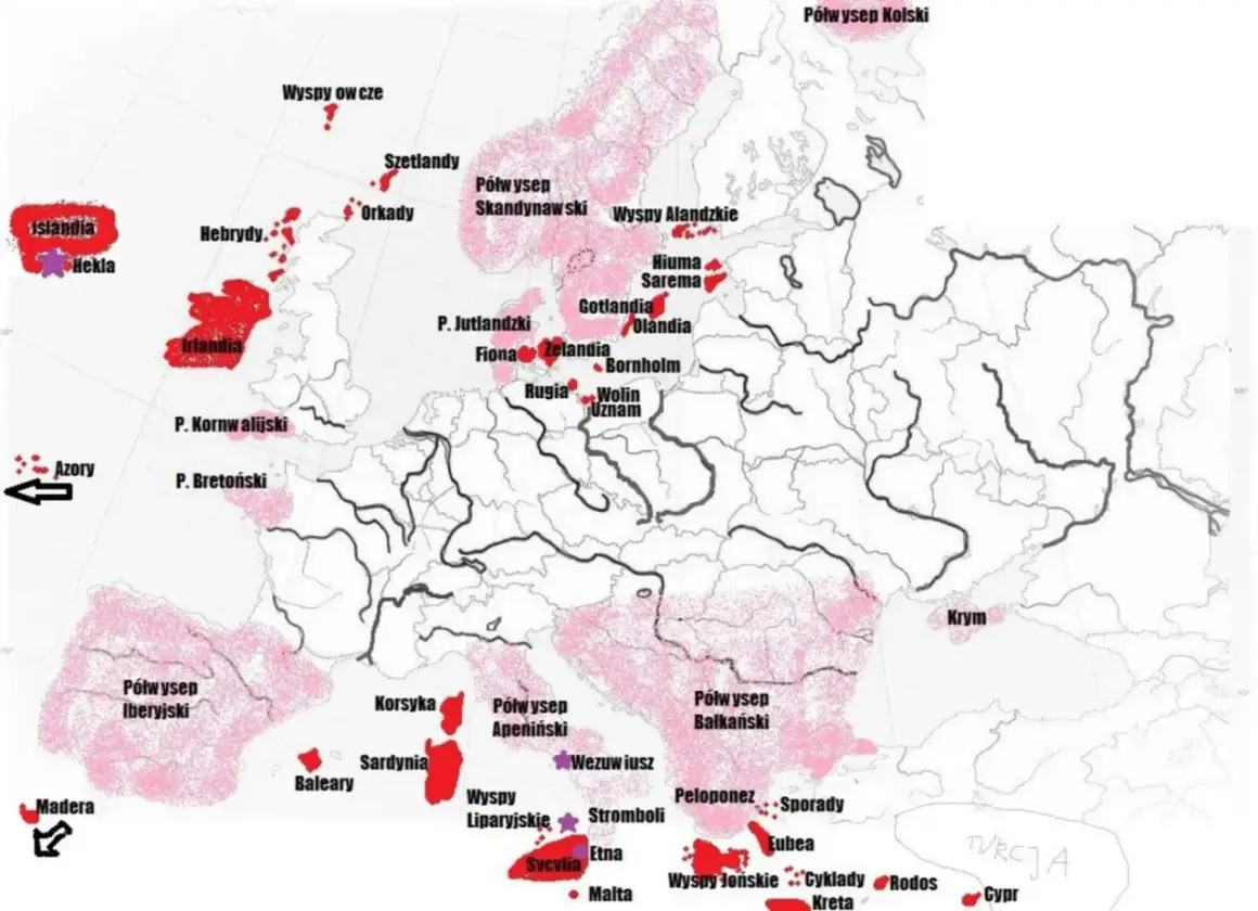 Mapa Europy z zaznaczonymi na czerwono i różowo obszarami wulkanicznymi i nazwami miejsc.
