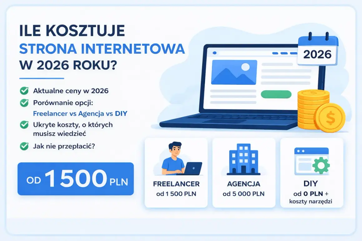 Ilustracja przedstawia laptopa, stos monet, kalendarz z datą 2026 oraz ikony freelancer, agencji i DIY z cenami.