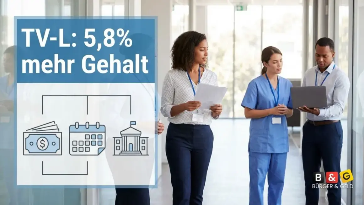 TV-L: 5,8% mehr Gehalt. Drei Personen besprechen die Ergebnisse der Verhandlungen, die zu mehr Gehalt führen.