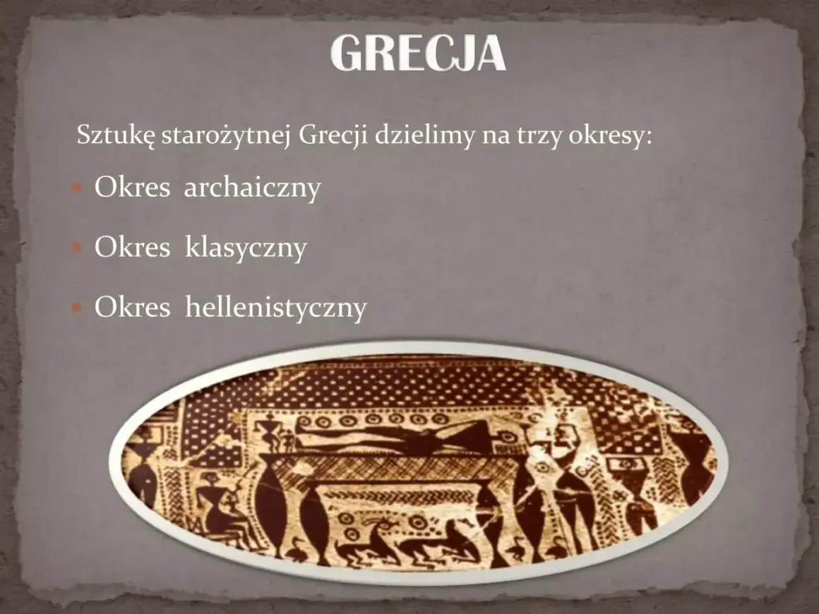 Grafika przedstawia podział sztuki starożytnej Grecji na okresy: archaiczny, klasyczny i hellenistyczny. Widoczny fragment zdobienia nawiązuje do cech rzeźby antycznej.