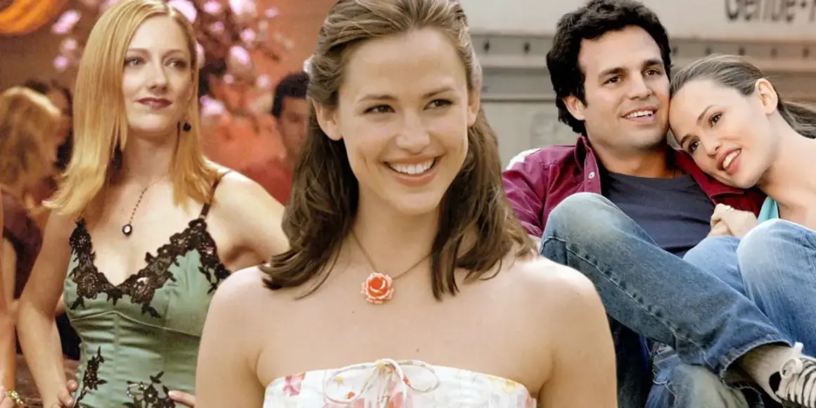 Jennifer Garner ler i en blommig klänning, bredvid Mark Ruffalo. En annan kvinna syns till vänster. Rollistan i 13 snart 30.