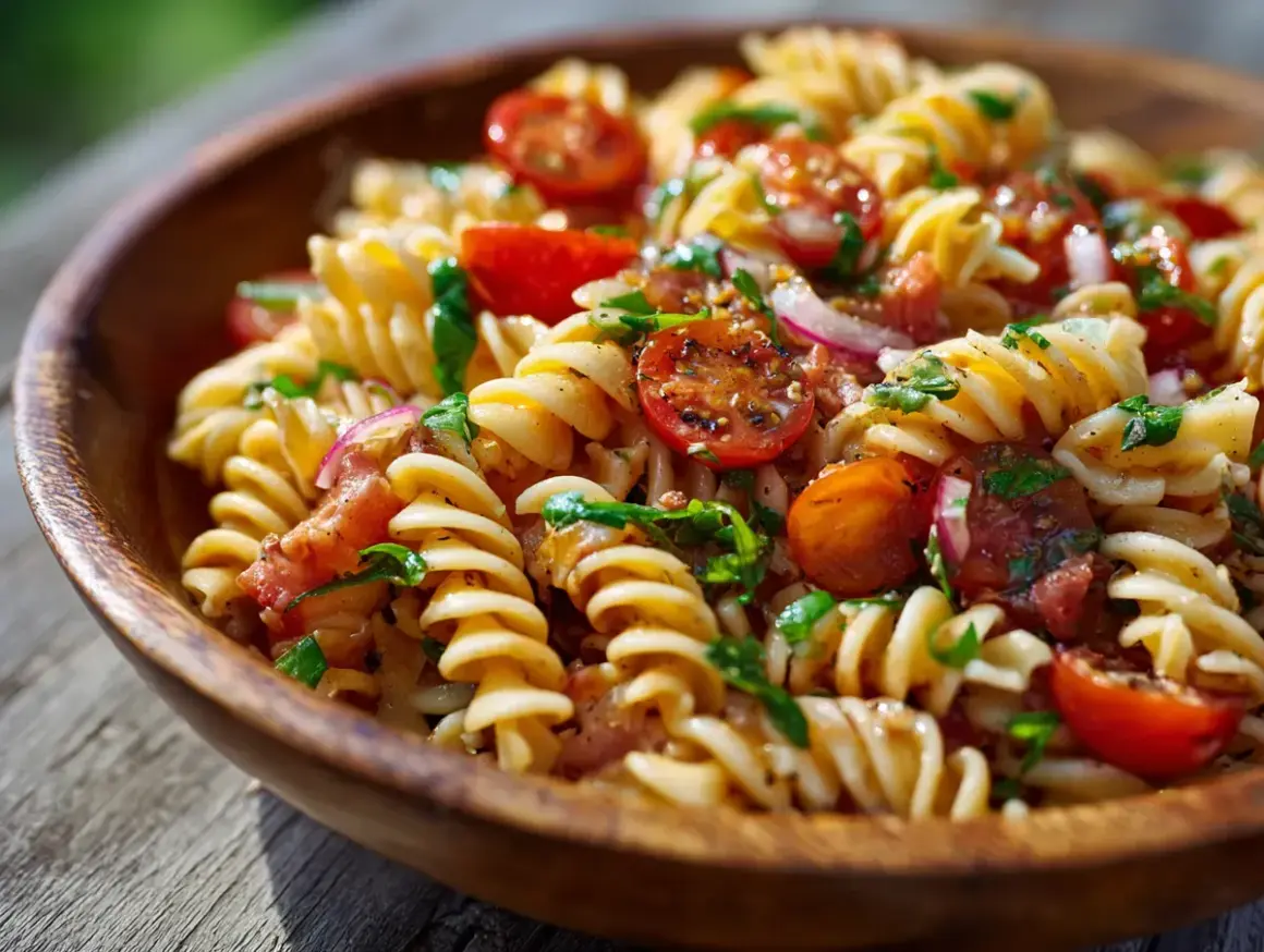 En härlig italiensk pastasallad med fusilli, körsbärstomater, rödlök och färska örter i en träskål. Perfekt för en sommarlunch!