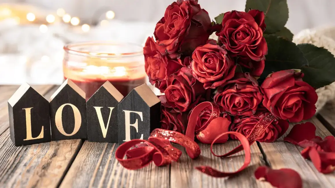 Drewniane domki z napisem LOVE, bukiet czerwonych róż i świeca tworzą romantyczną atmosferę na 11 rocznicę ślubu.