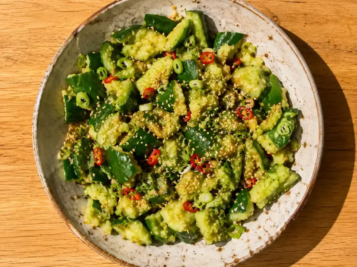 En skål med krossad gurksallad, toppad med sesamfrön, chili och salladslök. Ett perfekt gurksallad recept för sommaren.