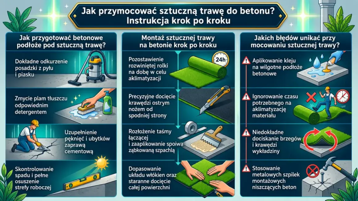 Instrukcja montażu sztucznej trawy na betonie: przygotowanie podłoża, aklimatyzacja, docinanie, klejenie i unikanie błędów.