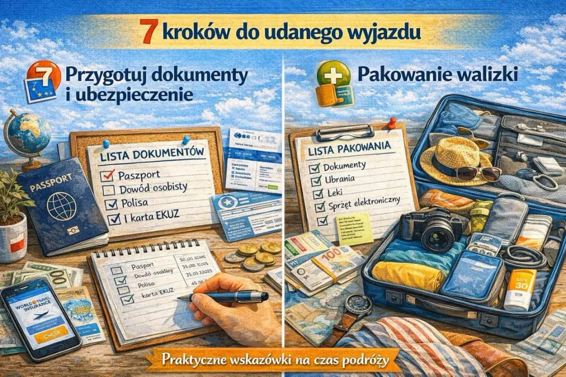 Jak zaplanować podróż? Na lewo lista dokumentów i ubezpieczenie, na prawo pakowanie walizki. Praktyczne wskazówki na wyjazd.