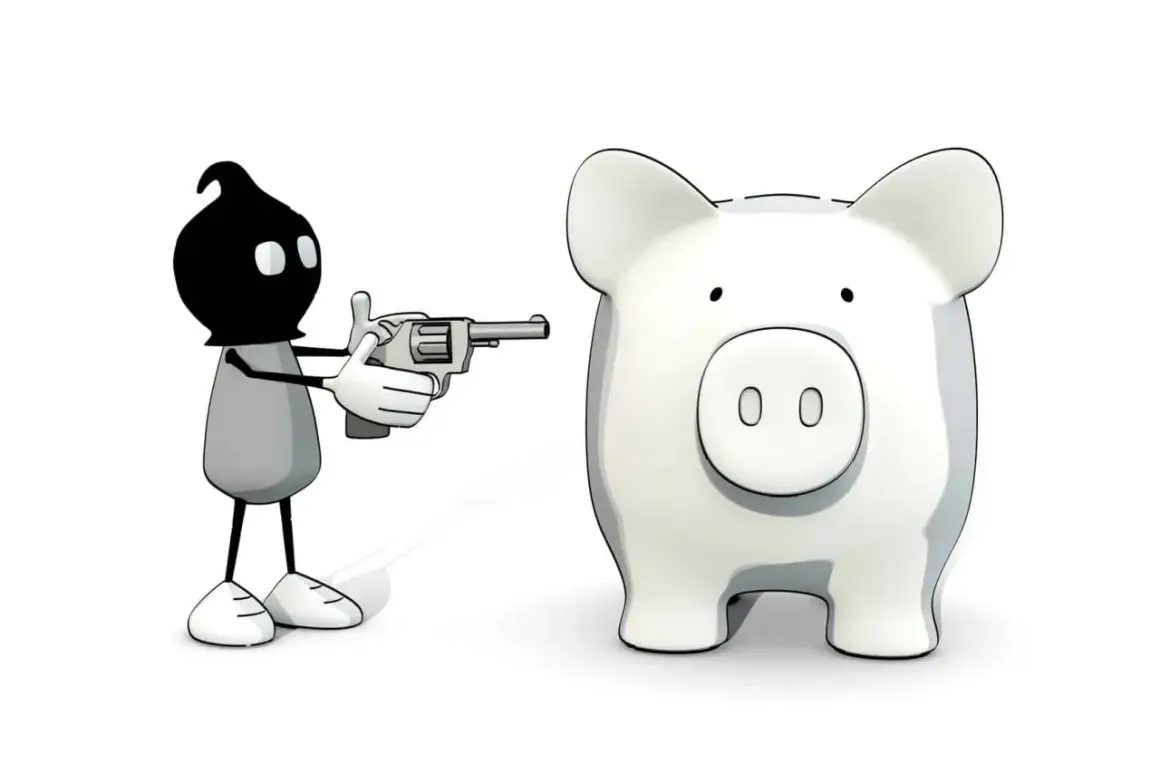Eine Figur mit schwarzer Maske zielt mit einer Pistole auf ein Sparschwein. Die Botschaft: private krankenversicherung im alter unbezahlbar.