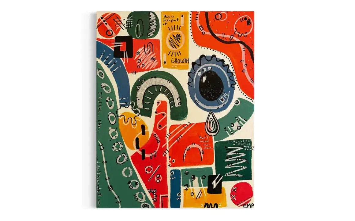 Vibrant symbolist art with abstract shapes, text like "GROWTH," and a central eye-like form.