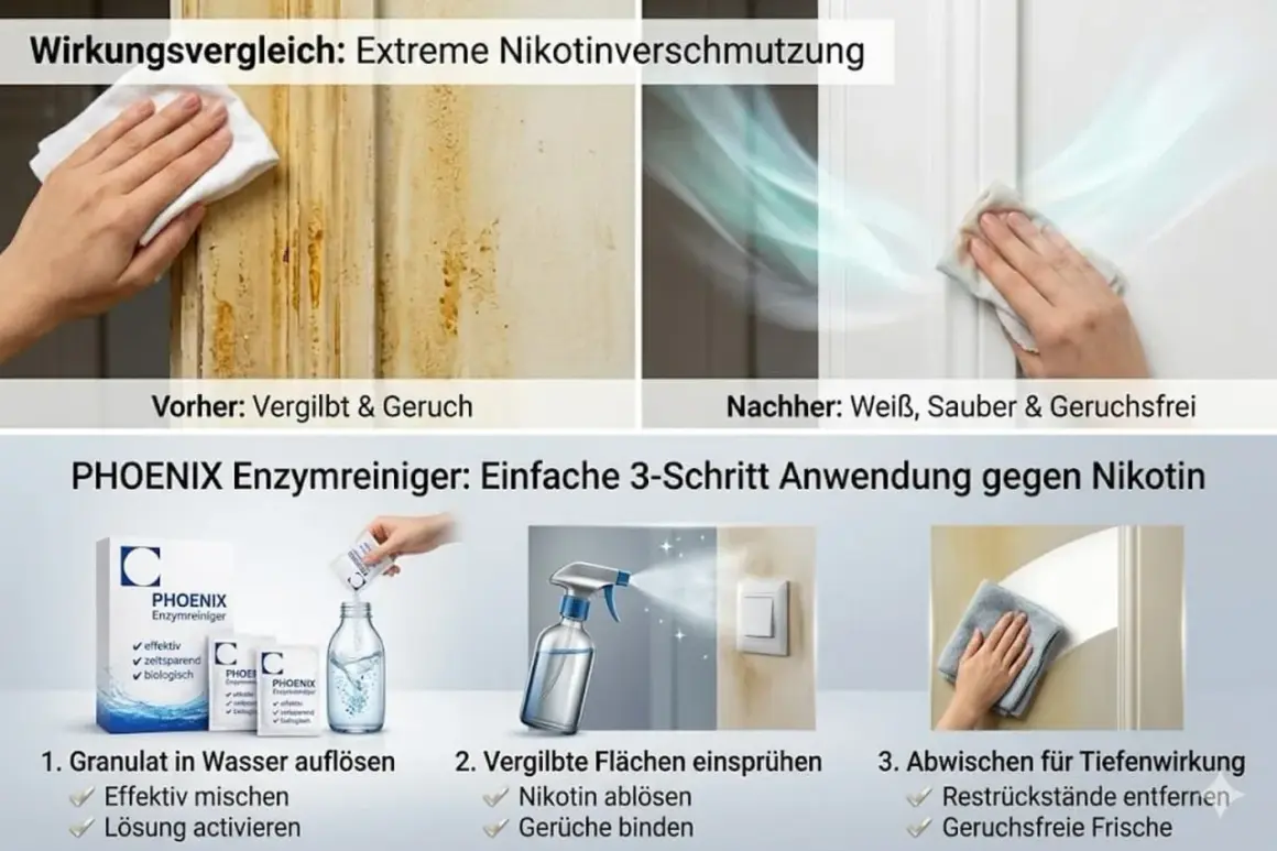 Vorher: Vergilbte Wände mit Nikotin. Nachher: strahlend weiß und geruchsfrei dank PHOENIX Enzymreiniger. So einfach wird Nikotin-Schmutz beseitigt.