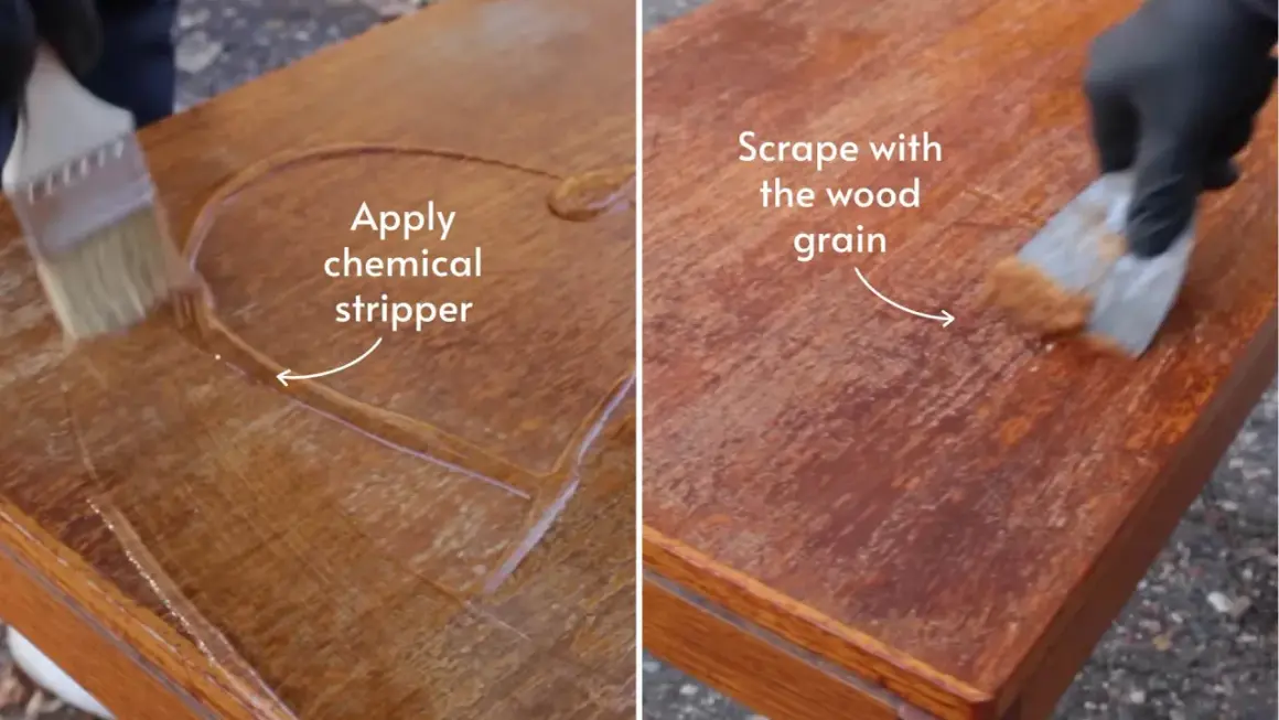 Learn how to refinish a table by applying chemical stripper with a brush and then scraping with the wood grain.