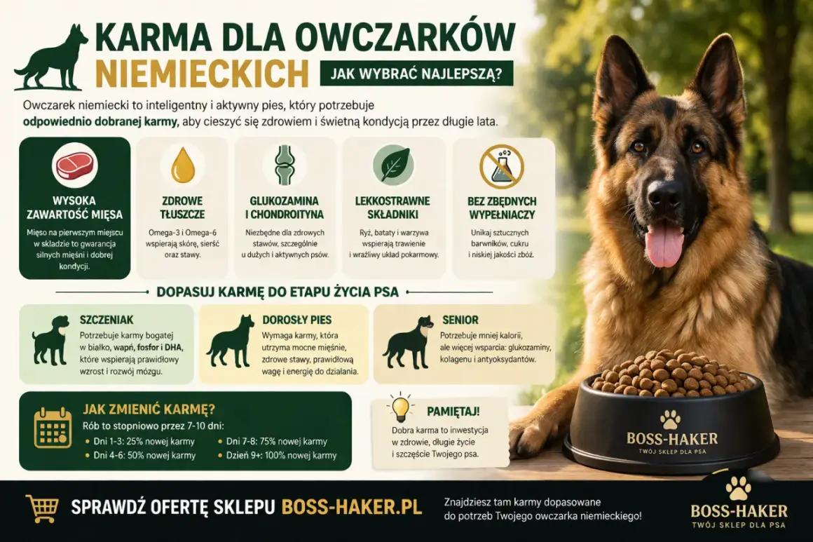 Jaka karma dla owczarka niemieckiego? Wybieraj tę z wysoką zawartością mięsa, glukozaminą i bez zbędnych wypełniaczy. Dopasuj do wieku psa.