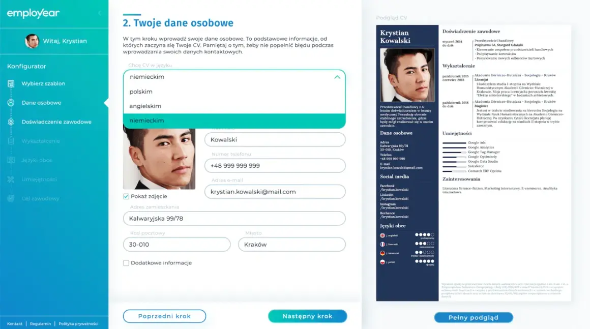 Krystian Kowalski tworzy swoje CV po niemiecku, wpisując dane osobowe i wybierając język.