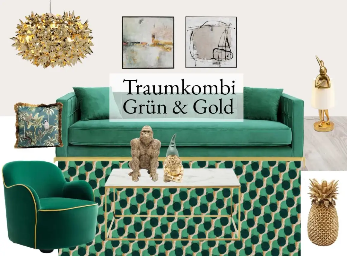 Grün und Gold: eine Traumkombination für Ihr Wohnzimmer. Ein grünes Sofa, Sessel, Kissen und ein Teppich mit goldenen Akzenten.