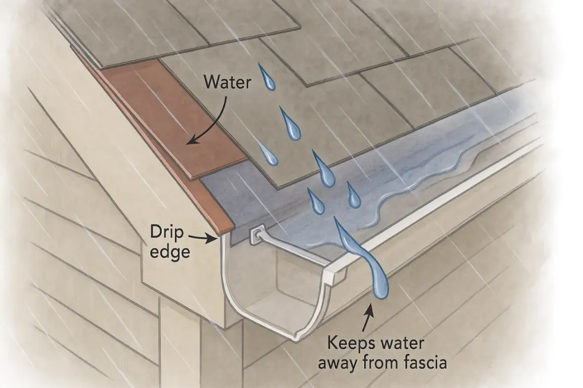 Rainwater flows off a roof and onto a drip edge, directing it into a gutter to protect the fascia.