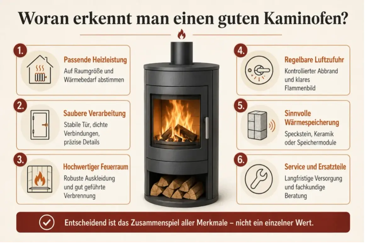 Ein moderner Kaminofen mit brennendem Holz. Links und rechts sind sechs Punkte aufgeführt, die einen guten Kaminofen ausmachen, z.B. Heizleistung, Verarbeitung, Feuerraum, Luftzufuhr, Wärmespeicherung und Service. Die richtige temperatur ist entscheidend.
