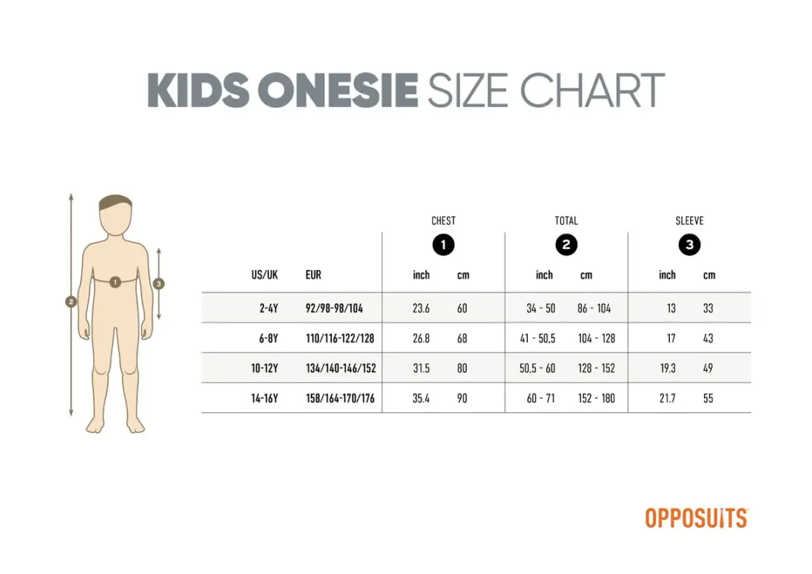 Größentabelle für Kinder-Einteiler. Finden Sie die passende Größe für Ihr Kind, z.B. 98/104 welches Alter.