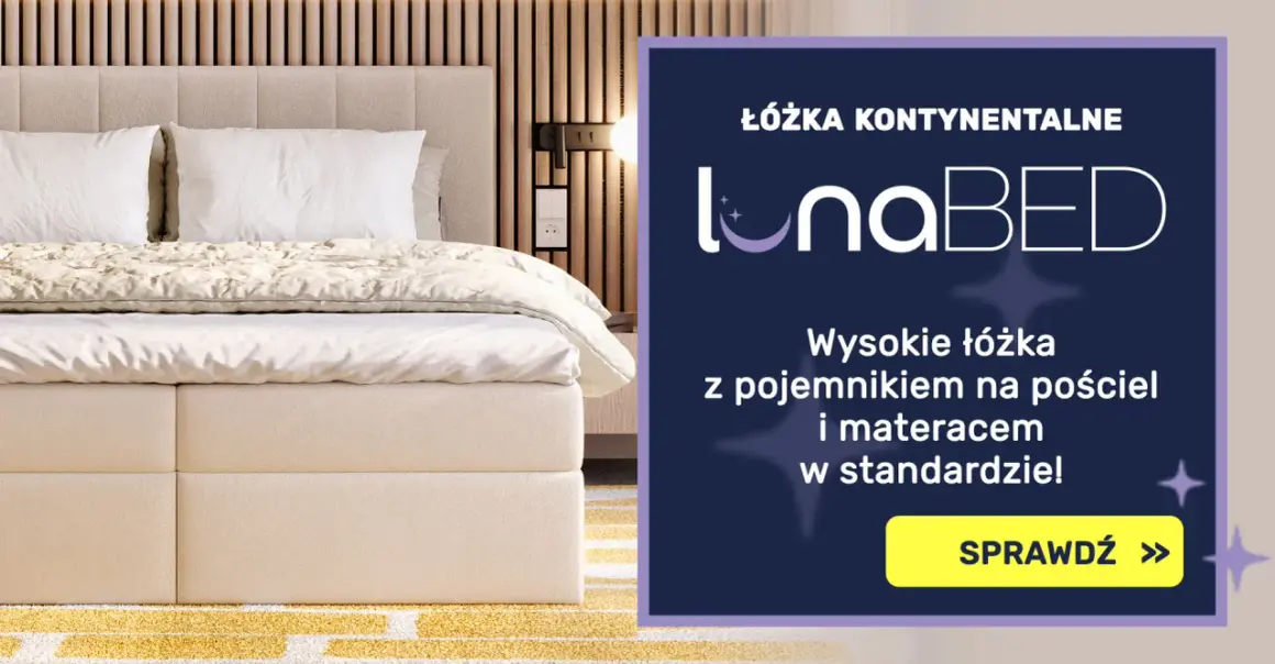 Wysokość łóżka z materacem LunaBED zapewnia komfortowy wypoczynek. Eleganckie łóżko kontynentalne z pojemnikiem na pościel.