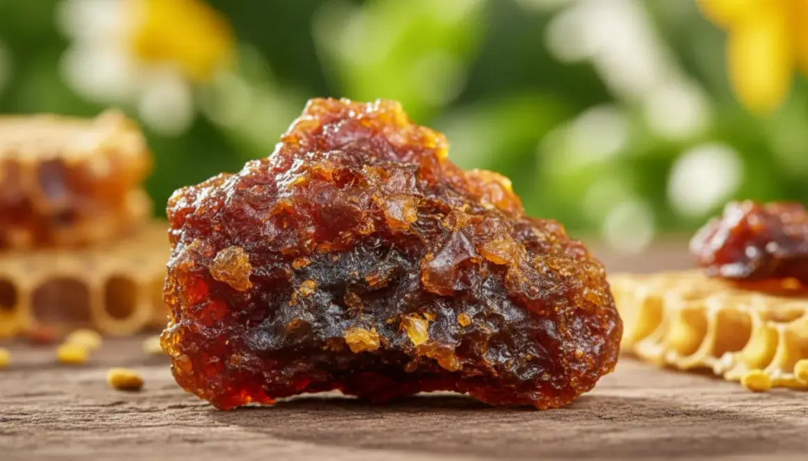Kawałek ciemnobrązowego propolisu, znanego z właściwości leczniczych. W tle plastry miodu i zielone liście. Propolis co to? To naturalny produkt pszczeli.
