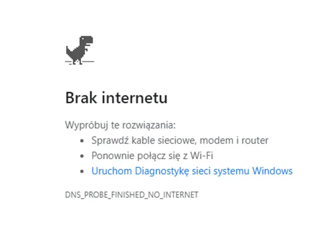 Dinozaur z gry w przeglądarce skacze, bo jest brak internetu. Wyświetlono komunikat o problemach z połączeniem i sugestie rozwiązań.
