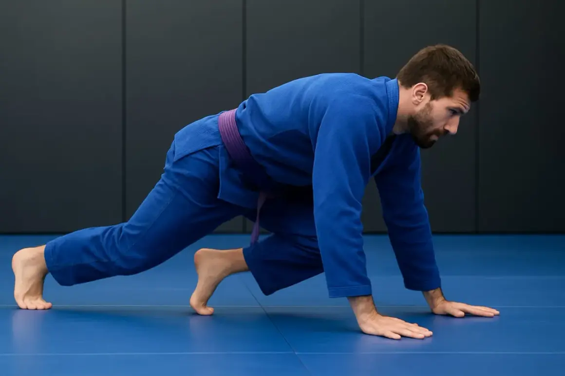 Man i blå gi med lila bälte gör en "sprawl" på en blå matta, en grundläggande rörelse inom combat jiu jitsu.