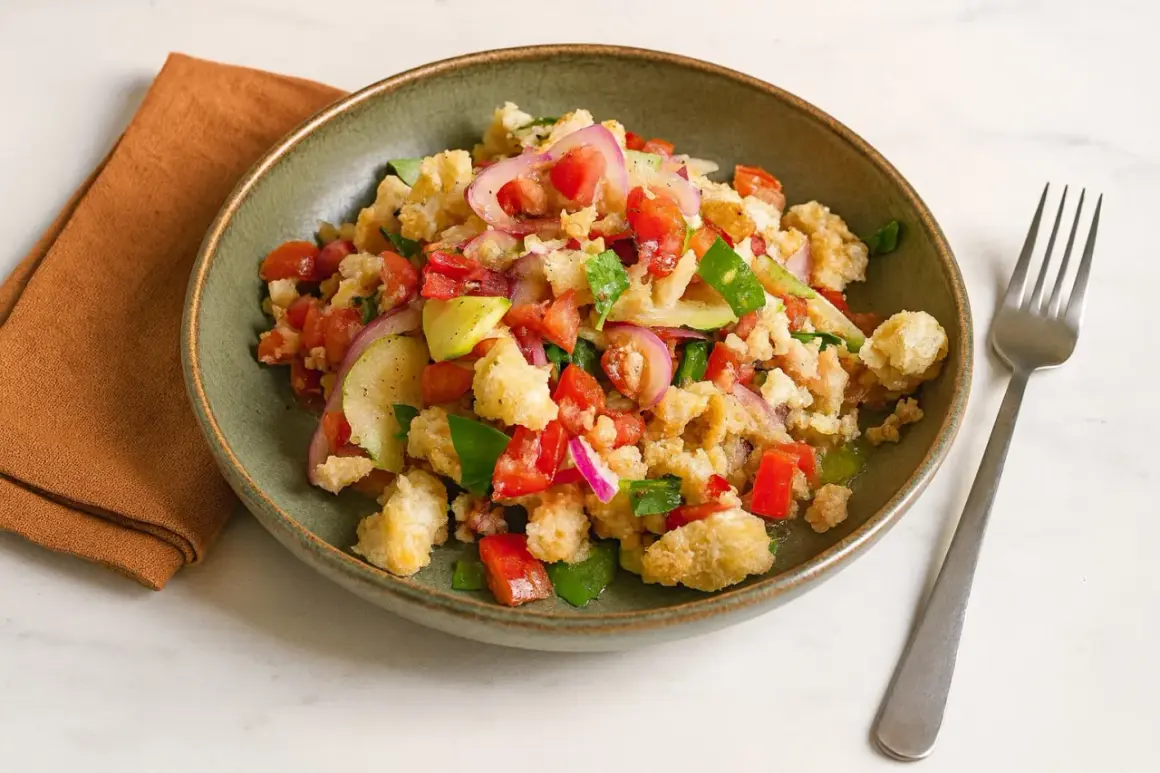 Bunter Brotsalat mit Tomaten, Gurken und roten Zwiebeln. Ein köstliches Brotsalat Rezept, das Lust auf mehr macht.