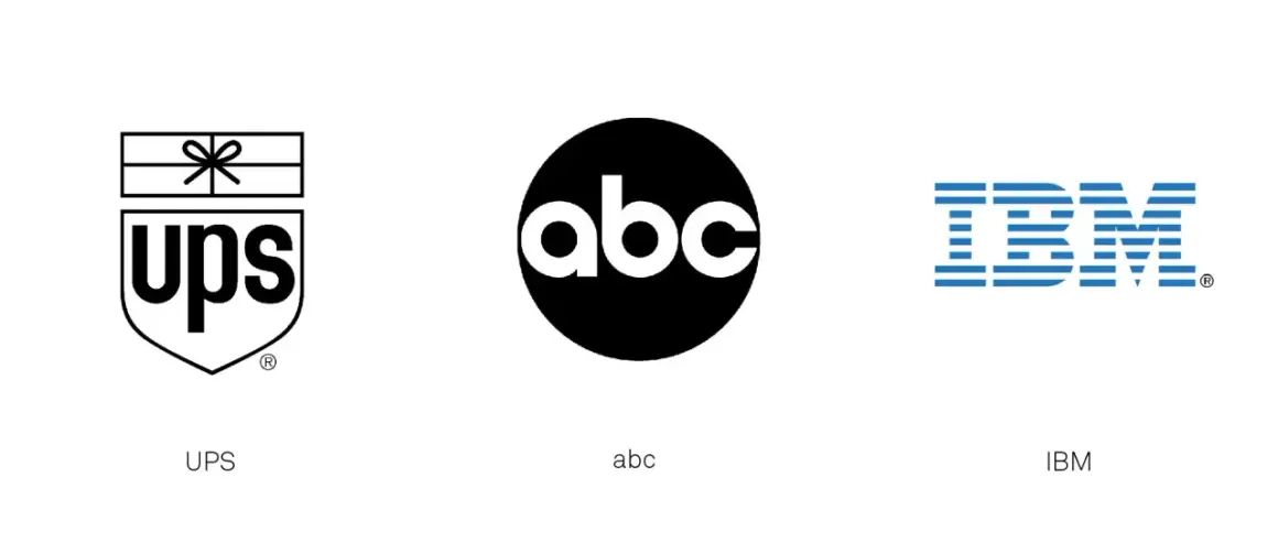 Logos: UPS, the iconic black and white paul rand abc logo, and the blue IBM logo.