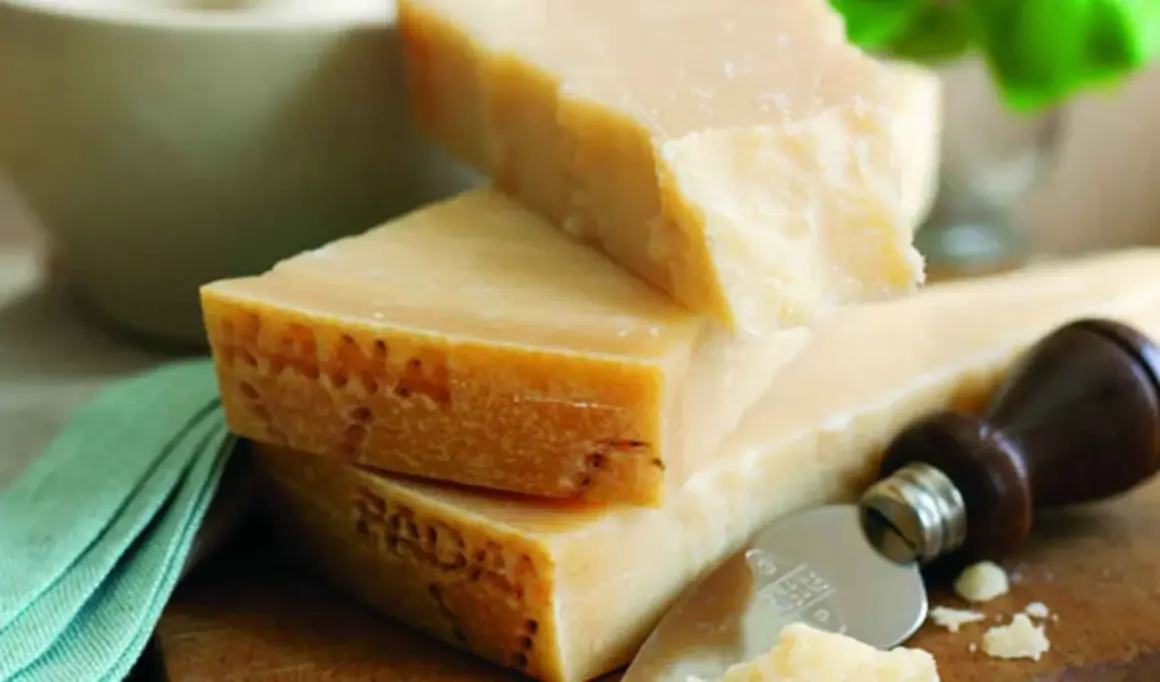 Pezzi di Grana Padano, formaggio a pasta dura, con un coltello da formaggio. La sua origine è legata alla Pianura Padana.